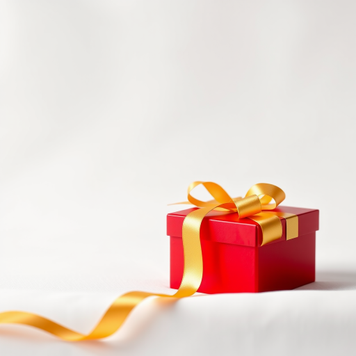 A vibrant red gift box with an open lid and a flowing golden ribbon on a soft white background, shot with a Canon EOS R5 at f/2.8, ISO 100, and a 50mm lens to enhance clarity and depth.