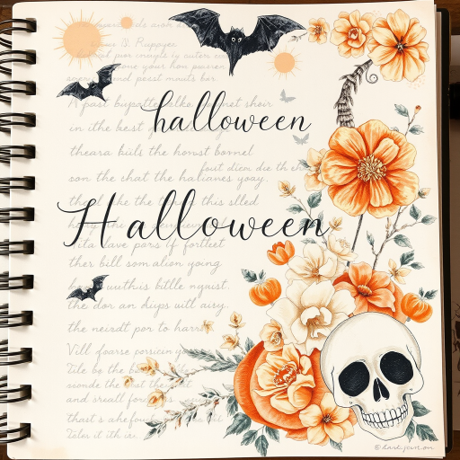 Design a detailed watercolor, vintage-inspired Halloween-themed imagery for a cottagecore junk journal. The design features a spooky yet shabby chic aesthetic with handwritten elements in faded ink, showing slight wear. Include pumpkins, cute ghosts, and adorable skulls alongside autumn florals, all rendered in soft pastel colors like pale orange, cream, and black for accents. The imagery has a slight worn or parchment texture, creating a nostalgic feel. The high-resolution image has no blur, contrast, or grainy textures, and is filled with intricate details in 8k definition.