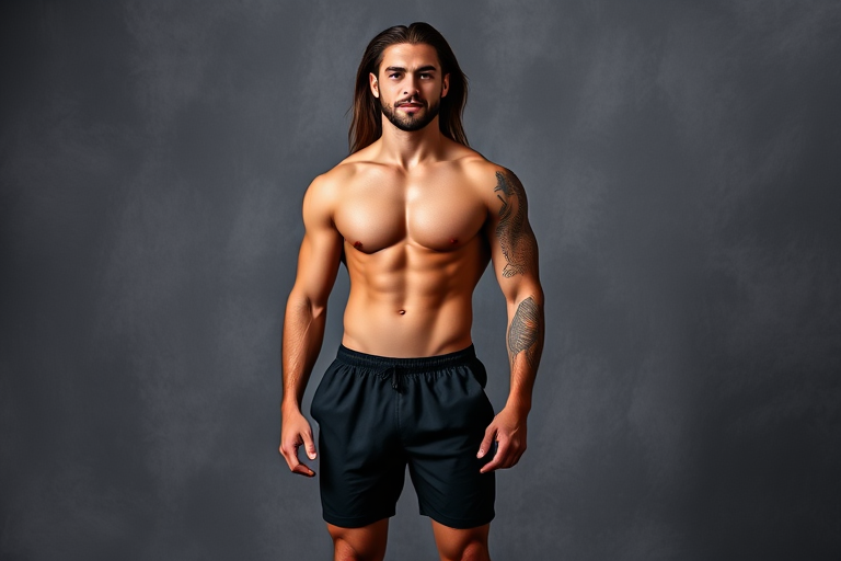 Generate an image of a muscular male model with long hair and a tattoo, wearing black shorts, standing confidently in a studio with a gray textured background, using a Canon EOS 5D Mark IV with a 50mm f/1.8 lens at ISO 100, aperture f/2.8, shutter speed 1/200s, natural soft lighting for enhanced details.