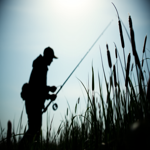 Regenerate image of a silhouette fishing scene with a figure holding a fishing rod, cattails and grass in the foreground, captured in a low angle view, with a DSLR camera at f/2.8 aperture, ISO 100, 50mm lens, soft focus style.
