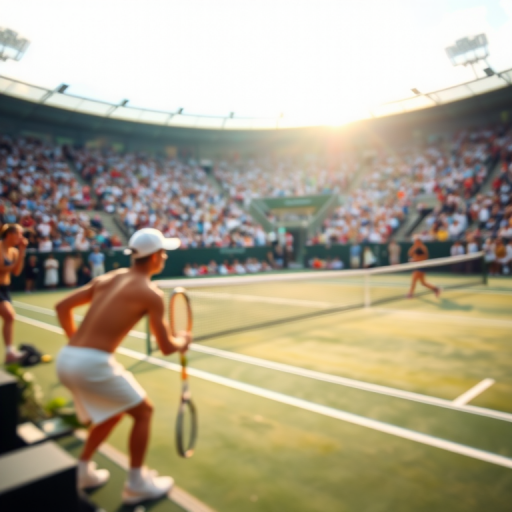 Blurry action shot of a tennis match in full swing, players poised at the net, soft sunlight illuminating the court and the energy of the crowd echoing in the background.
