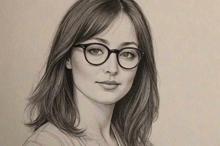 Gorgeous Shannon Doherty, pencil sketch, portrait of Charming woman 1925s in glasses, hair style beatnik, outline, clear lines, fine lines, 8k