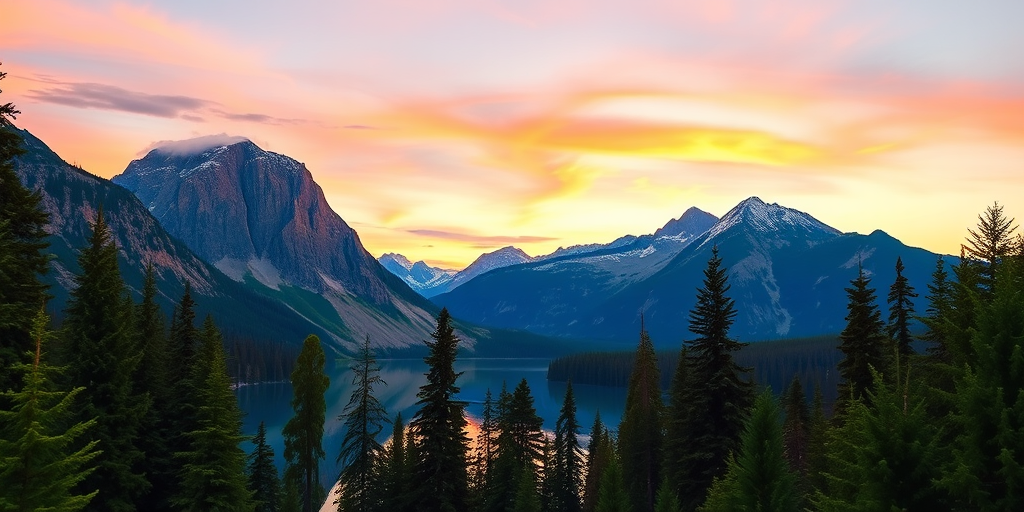 Create a vibrant landscape depicting two mountains with a lake in front, surrounded by evergreen trees under a pastel sky during sunset, captured with a DSLR camera at f/8 aperture, 1/250s shutter speed, ISO 100, using a wide-angle lens at 24mm for an expansive view.