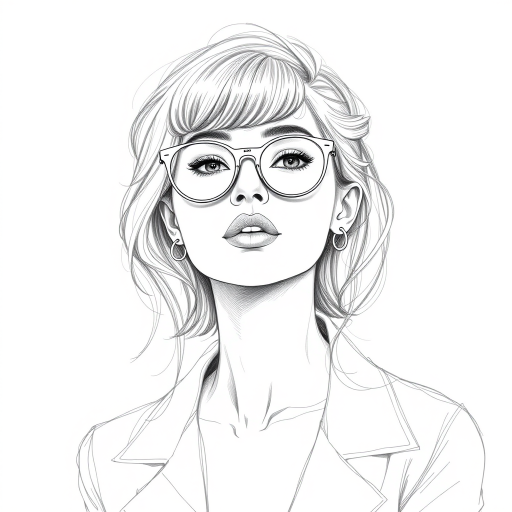 hot mia khalifa, pencil sketch, portrait of beautiful woman 60s in glasses, hair style beatnik, outline, clear lines, fine lines, 8k
