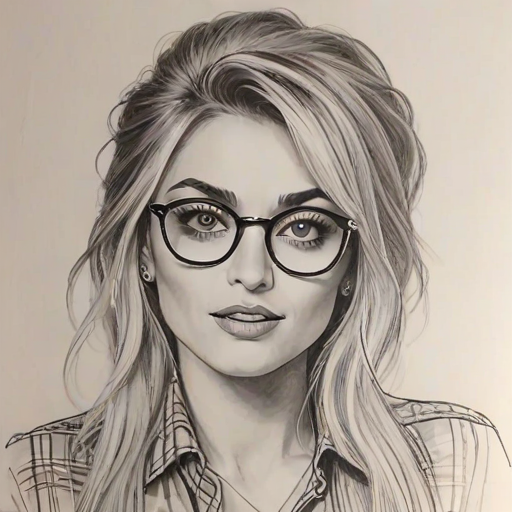 Bewitching Paris Jackson, pencil sketch, portrait of Ravishing woman 1962s in glasses, hair style beatnik, outline, clear lines, fine lines, 8k