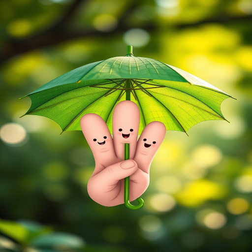 Create a whimsical illustration of cartoonish fingers with faces holding a large green leaf umbrella, set against a blurred soft-focus nature background to enhance depth, using a DSLR camera, f/2.8 aperture, 50mm lens, 1/200s shutter speed, and natural light for brightness and vibrance.