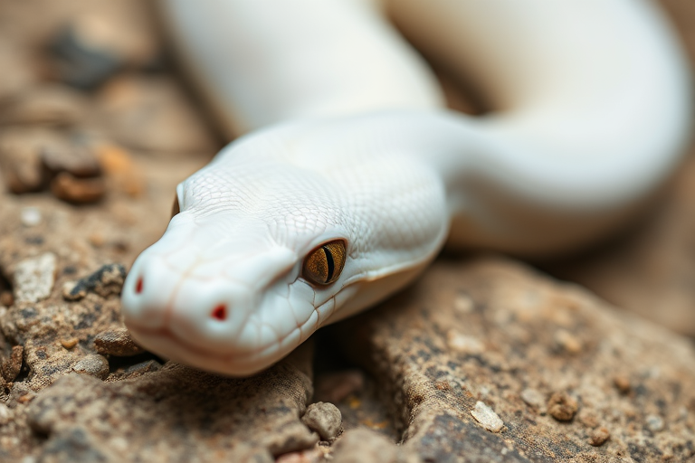 Close-up of an albino python resting on a rocky surface, shallow depth of field, natural lighting, 50mm lens, aperture f/2.8, shutter speed 1/100, ISO 200, macro photography style, DSLR camera.