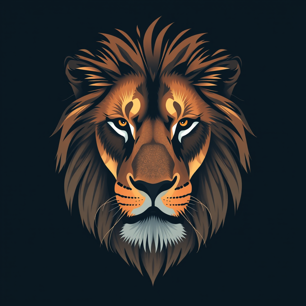 Regenerate the image with a high-resolution digital art style featuring a modern graphic representation of a lion's head, using a Canon EOS R5 camera, 50mm lens, f/1.8 aperture, ISO 100, in a studio setting with soft lighting to enhance details.