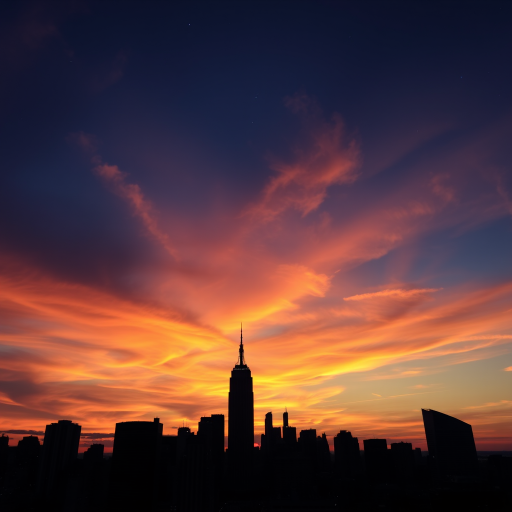 Dramatic sunset over a city skyline, skyscrapers silhouetted against a colorful sky, and the first stars appearing as the day transitions into night.