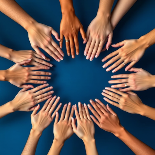 Generate an image of various hands in a circular arrangement against a deep blue background, using a 50mm lens, f/1.8 aperture, ISO 100, captured at eye level with a soft-focus effect in digital format.