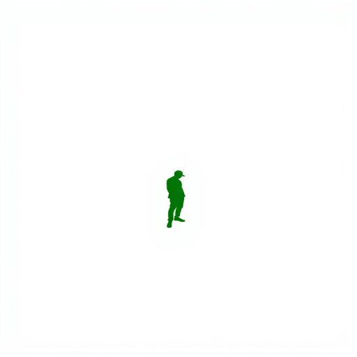 Generate a minimalistic silhouette of a standing person in green on a plain white background, using a DSLR camera with an aperture of f/5.6, shutter speed of 1/125s, ISO 100, taken from a high angle view with natural lighting.