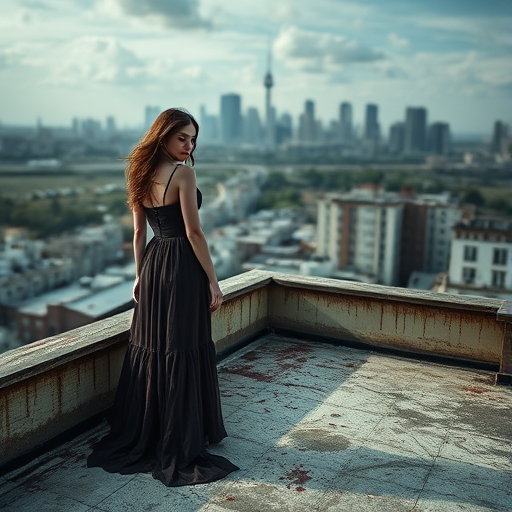 A hauntingly elegant woman in a blood-stained dress stands on an abandoned rooftop with a city skyline in the background, conceptual art style, shot with a Canon EOS R5, 50mm lens, f/1.8 aperture, soft natural light, high dynamic range imaging.