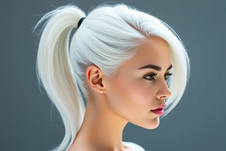 Icy white hair styled in a sleek, high ponytail called "Arctic Queen," features a glass-like shine and razor-sharp edges, with baby hairs artfully laid to frame the face, exuding an air of regal elegance and modern sophistication