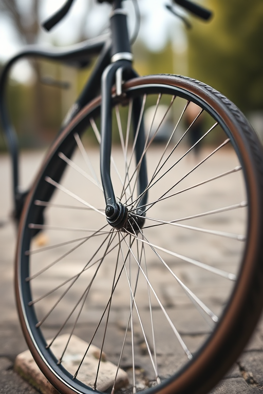 Create a high-quality image of a penny-farthing bicycle with detailed spokes, shot from a low angle using a DSLR camera at f/2.8, ISO 100, shutter speed 1/200s, with natural lighting to enhance contrast and texture, in a sharp focus style.