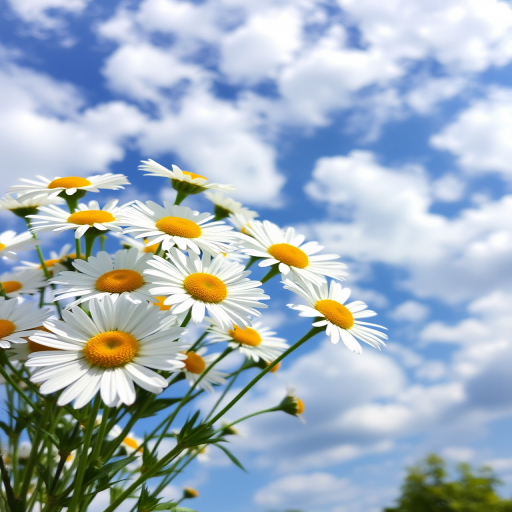 A beautiful bouquet of daisies with yellow centers against a bright blue sky filled with fluffy white clouds, capturing a serene and cheerful atmosphere.