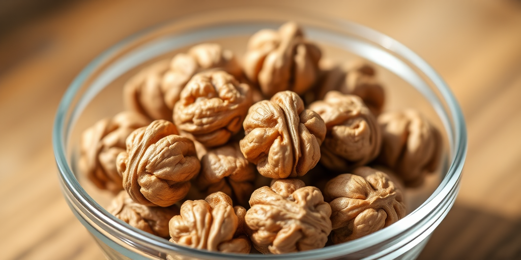 high-resolution close-up of walnuts in a glass bowl, natural light, aperture f/2.8, shutter speed 1/60, ISO 200, DSLR camera, macro lens, shallow depth of field