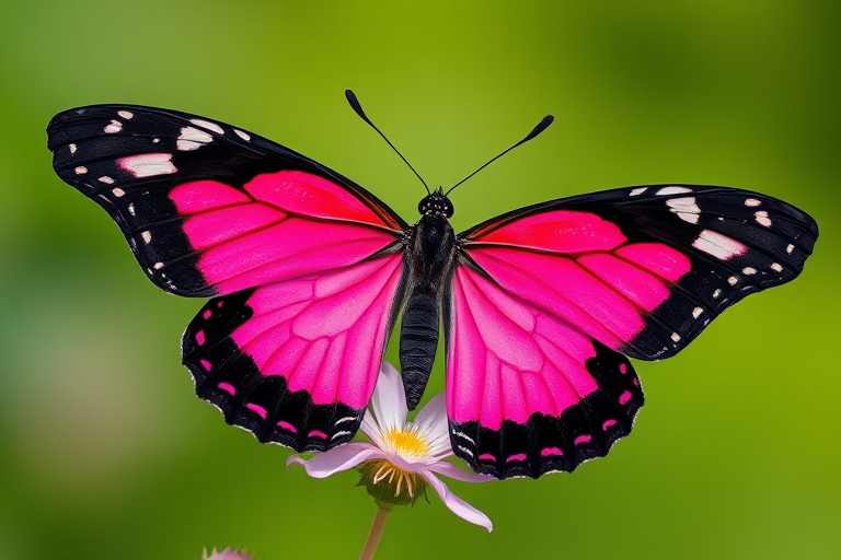 Generate an image of a vibrant butterfly with striking pink and black wings, perched on a delicate flower. The background should be a soft, blurred green, enhancing the butterfly's colors and the beauty of the flower.