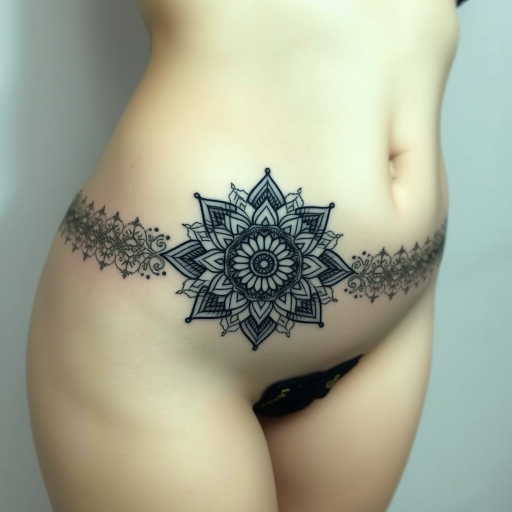 Mandala underboob tattoo with intricate geometric patterns and delicate dot work, designed to accentuate the natural curves of the body for a flattering and feminine look