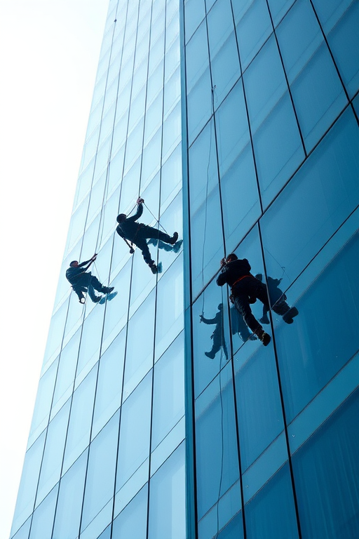 Capture a high-resolution image of window cleaners working on a modern glass skyscraper during bright daylight, using a wide-angle lens at f/8, ISO 100, shutter speed 1/500s, and a digital SLR camera for enhanced clarity and detail.