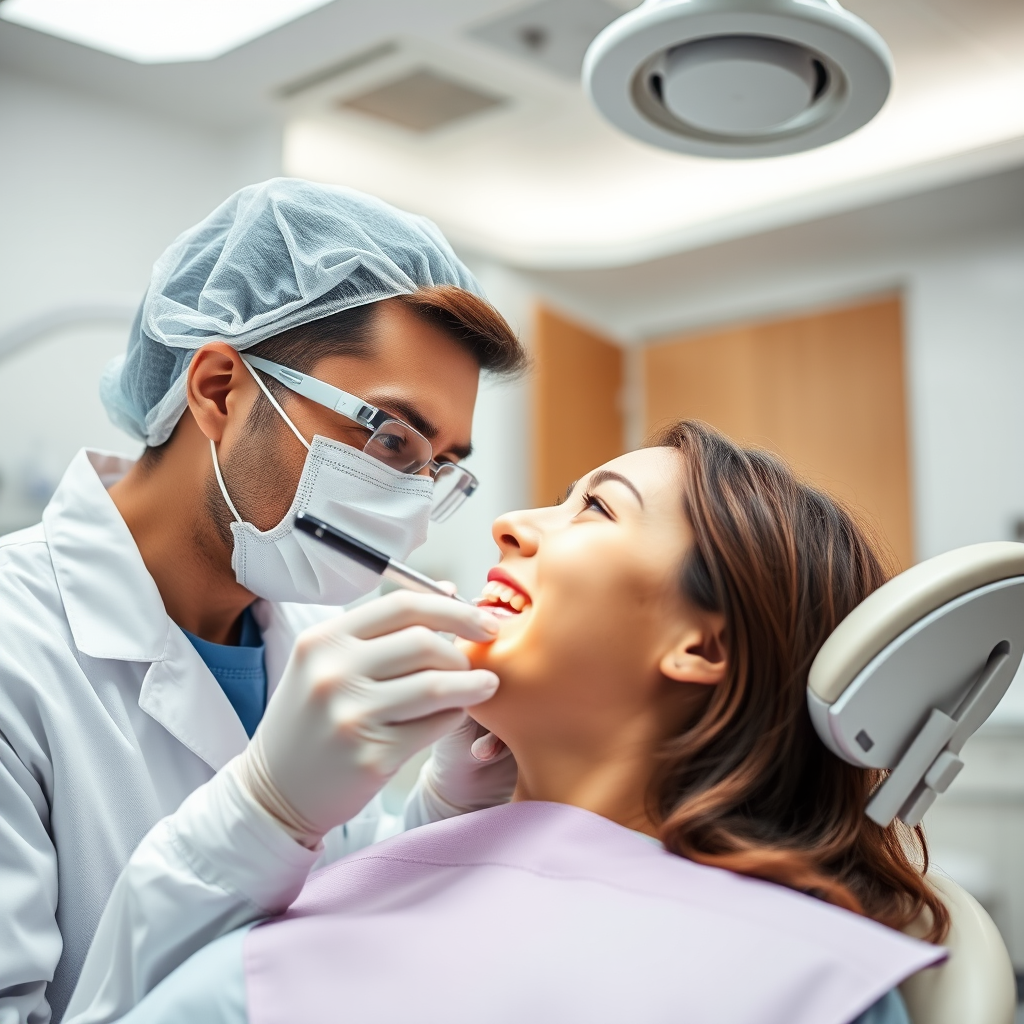 dentist examining a patient in a modern dental clinic with bright lighting and medical equipment, close-up shot, 50mm lens, f/1.8 aperture, 1/200s shutter speed, ISO 200, natural light with soft shadows