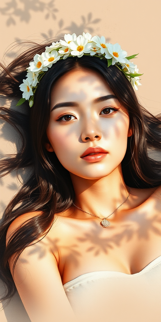 create a watercolor painting of an ethereal portrait of beautiful Mongolian woman with a simple white flower crown on her head. Her hair is long and she is lying on the ground. The sunlight on the trees casts shadows from the leaves on her face and body. The background is a neutral brown color that matches her skin tone. The image is minimalist and solid colors. This style is characterized by soft, delicate brushstrokes and a light, airy, contrasting color palette. High level of detail and play of light