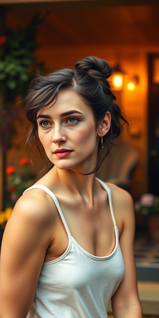 A photo of Saoirse Ronan with a background of a cozy porch. She has dark hair pulled back in an updo, with tendrils framing her face. She wears a white tank top and sits on the porch. The porch is part of a well-lit home with a warm, earthy tone and colorful flowers and foliage. The overall scene has a warm, welcoming, and comfortable ambiance.