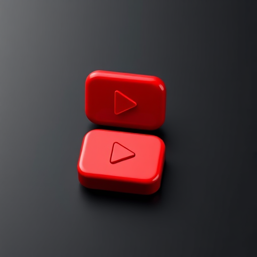 Create a highly detailed 3D rendering of two glossy red YouTube play buttons on a sleek black surface, using a DSLR camera with an aperture of f/2.8, shutter speed of 1/60s, ISO 100, in a studio setup with softbox lighting, and a shallow depth of field for enhanced focus on the buttons.