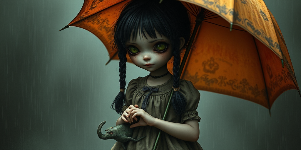 An eerie, weird little girl with dark hair in thin pigtails, wearing a smock dress, standing in the rain, holding a dirty orange umbrella, a small, odd creature beside her. In a surreal style inspired by Nicoletta Ceccoli and Brian Froud. Dark fantasy themes