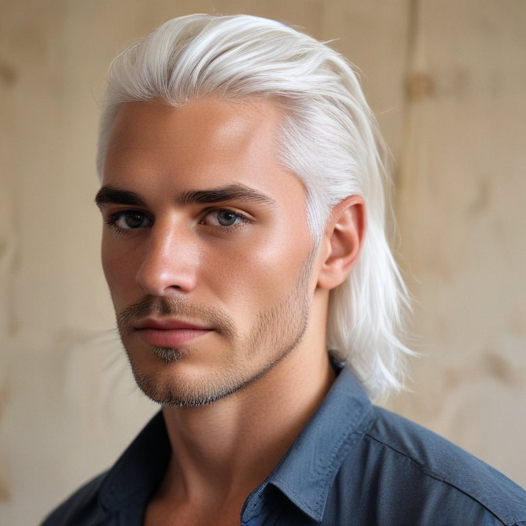 Subtly shining white hair, and contrasting copper skin handsome man