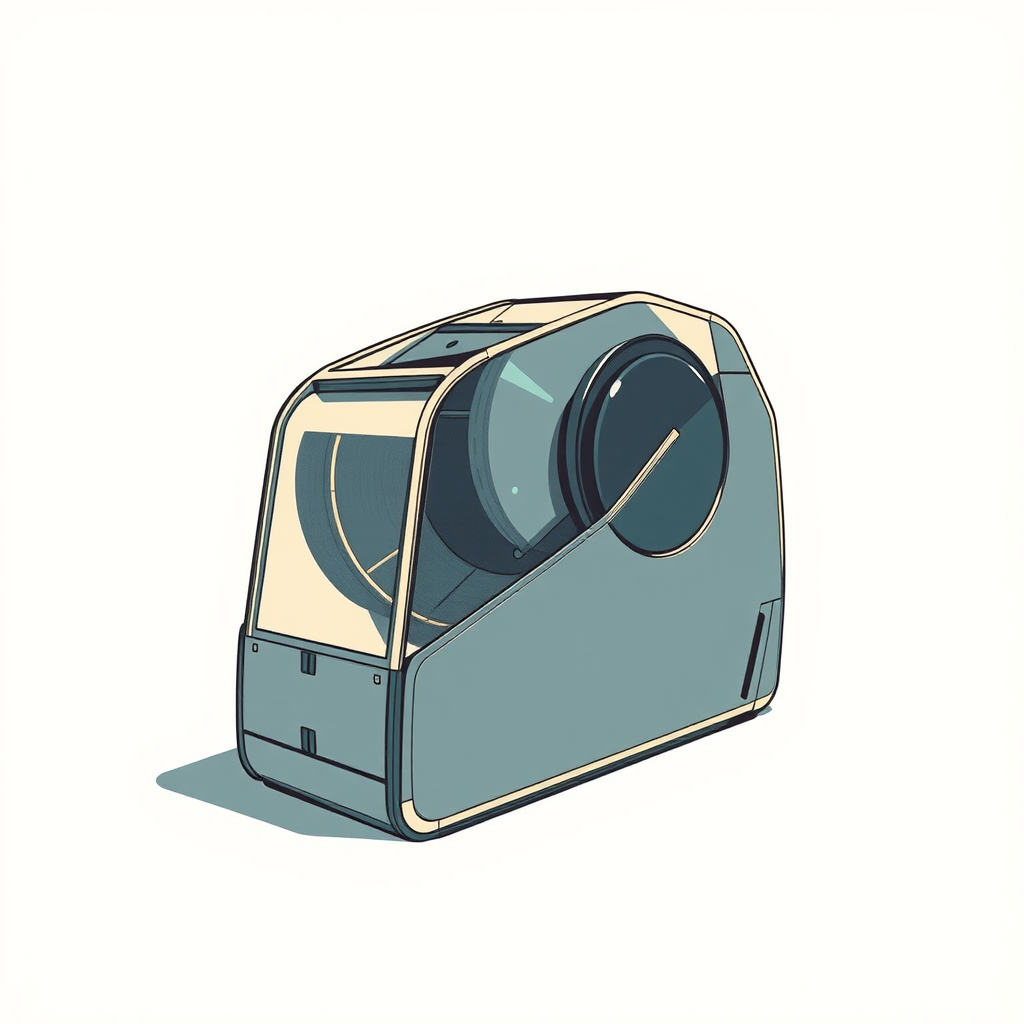 Create a detailed illustration of a vintage tape dispenser in a minimalistic style, using a wide-angle lens with an aperture of f/4 for depth of field, shot from a low angle to capture the sleek design, in high-resolution digital format.