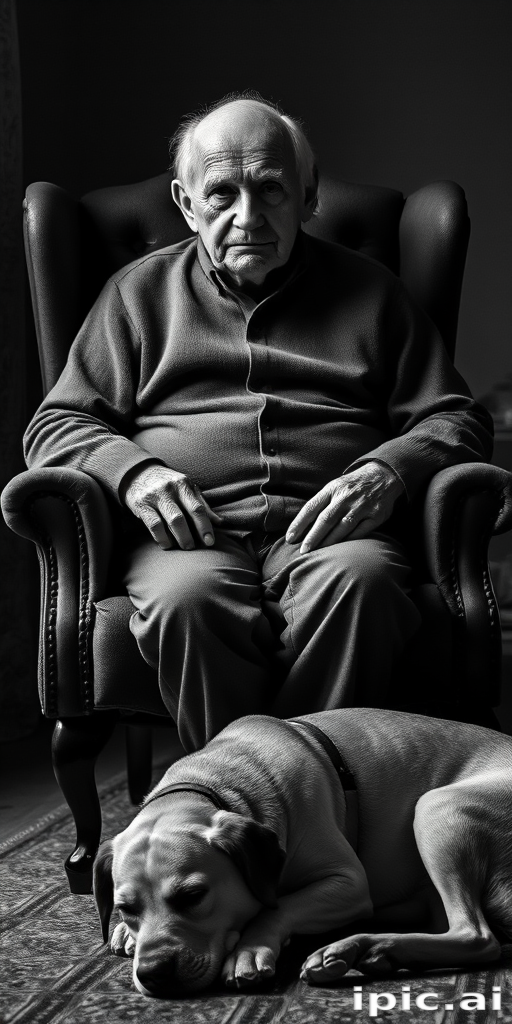 monochrome ultra noir photograph of an elderly person sitting in an upright chair with their faithful dog asleep at their feet, the photographer is an expert and has captured every fine detail, every wrinkle, on the subject’s skin. the high contrast photograph and the dramatic lighting brings out a certain emotion in the subject’s appearance
