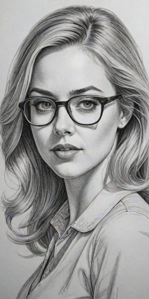 Enchanting Amanda Schull, pencil sketch, portrait of Superb woman 1974s in glasses, hair style beatnik, outline, clear lines, fine lines, 8k