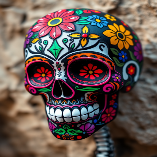 Create a vibrant and intricate Day of the Dead sugar skull design filled with colorful flowers, diamonds, and lightning motifs, captured using a DSLR camera with a 50mm lens, f/1.8 aperture, ISO 100, in natural lighting, at a 45-degree angle for depth and clarity.