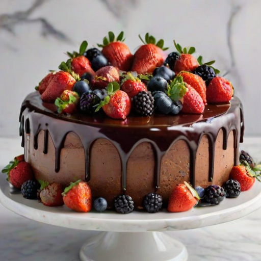 Generate an image of a decadent chocolate cake with a smooth, glossy chocolate ganache dripping down the sides. The cake is topped with an assortment of fresh berries, including strawberries, raspberries, blackberries, and blueberries. It is presented on a marble cake stand with floral arrangements and additional berries surrounding it for an elegant touch.