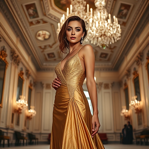 A glamorous young woman in an elegant gold gown posing in a grand, historic ballroom with intricate details, soft dramatic lighting, captured with a Canon EOS R5, 50mm lens, f/1.8 aperture, ISO 100, natural light, 1/125 sec exposure.