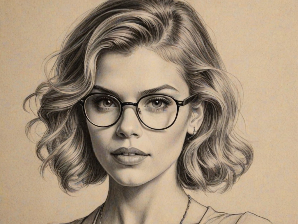 Fascinating Annalynne McCord, pencil sketch, portrait of Fetching woman 1926s in glasses, hair style beatnik, outline, clear lines, fine lines, 8k