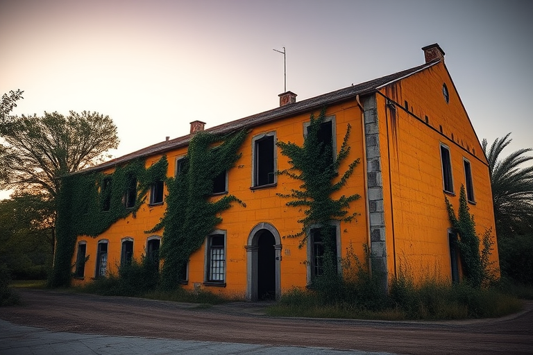 Create a highly detailed 3D render of an abandoned building with textured yellow walls covered in ivy, using a DSLR camera at f/8 aperture, 35mm lens, ISO 100, and natural light from a sunset, in a wide-angle view to capture the entire structure prominently.