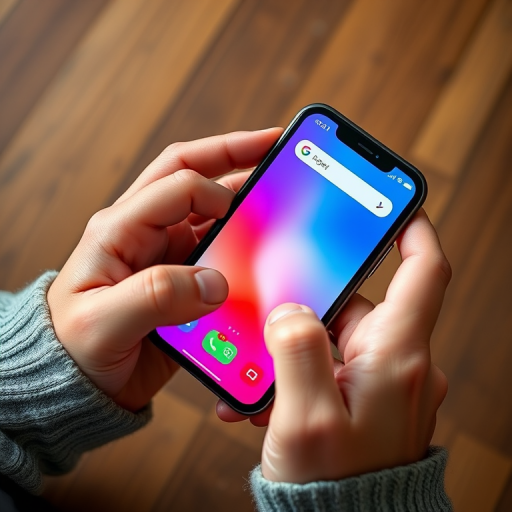 Create a high-resolution image of a smartphone being used with two hands, displaying a vibrant app interface, shot with a DSLR camera at f/2.8, ISO 100, 1/200s, from a top-down view, using a natural light style.