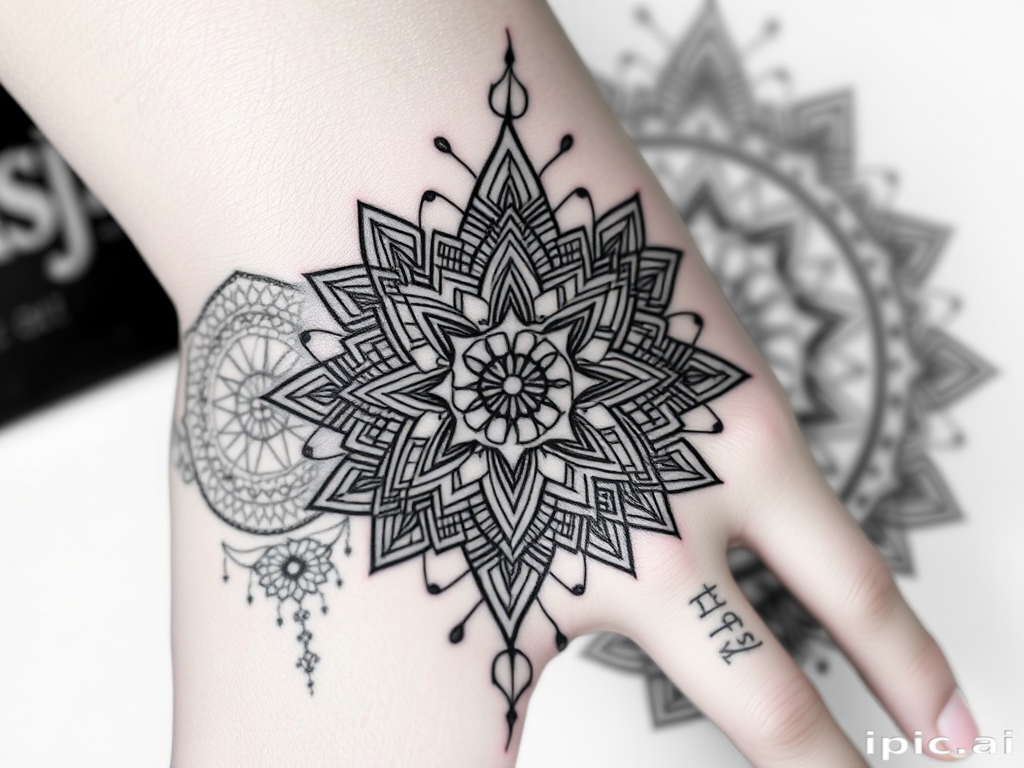 Intricate blackwork tattoo called "Shadow Weave" incorporating delicate geometric patterns and mandala-inspired designs with precise linework and bold negative space elements