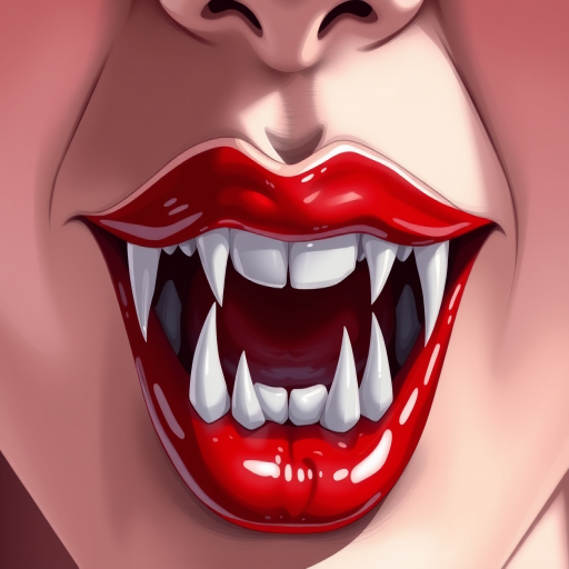 Create a high-resolution illustration of a pair of glossy red lips with sharp white vampire fangs, using a digital art style, top-down view, with lighting that enhances the glossy effect and emphasizes the fangs.