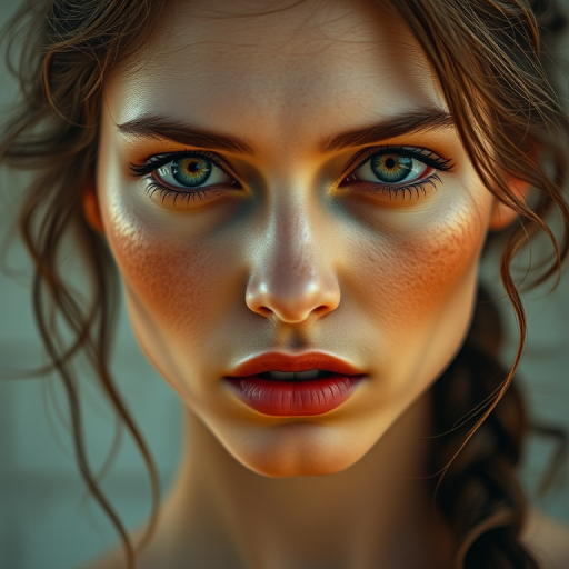 Create a high-resolution digital artwork of a female figure with an enigmatic expression, using a soft color palette of browns and yellows, shot in portrait mode with a Canon EOS R5, aperture f/4, ISO 100, 50mm lens, natural light for enhanced texture and depth.