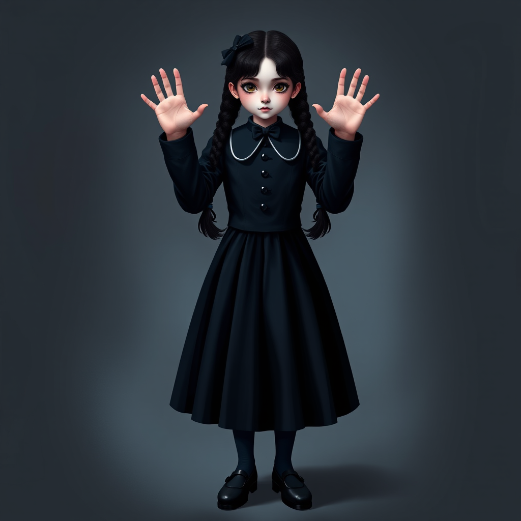 Digital art, full height portrait of Wednesday Addams, standing up with her hands in the air as if in a hold-up. Her dark, gothic attire replaces Alice’s classic blue dress, and she wears black shoes instead of blue. A small, neat black bow adorns her hair, capturing her signature style. The overall composition maintains a whimsical yet eerie tone, similar to Alice in Wonderland, while showcasing Wednesday’s iconic gothic charm.