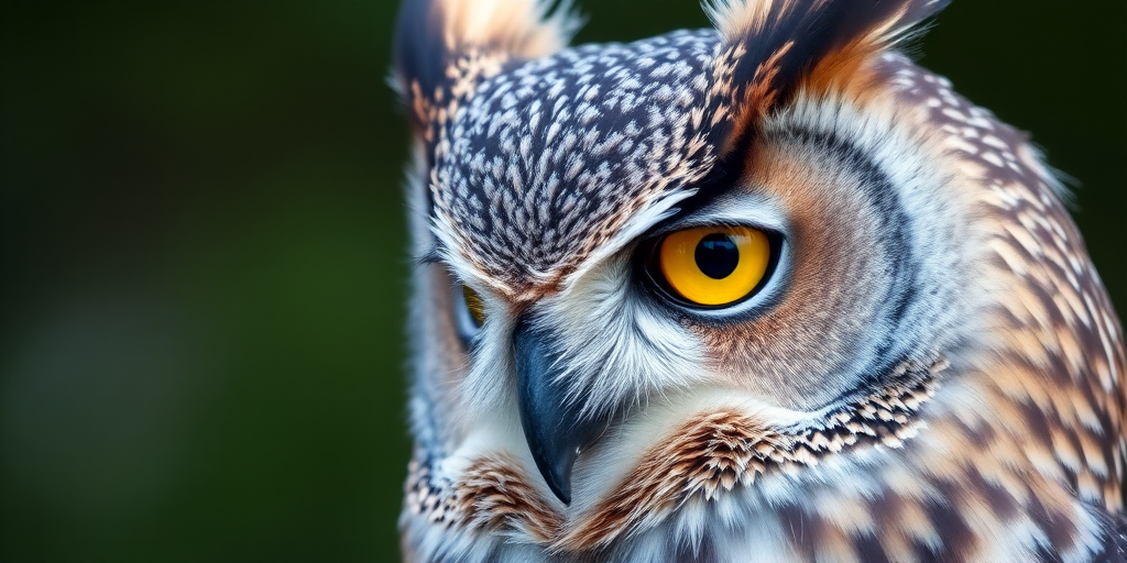 A close-up portrait of a great horned owl, showcasing its intricate feather patterns and striking yellow eyes, with a blurred green background, shot with a Canon EOS R5 at f/2.8, 1/200 sec, ISO 200, using a 85mm lens for sharp detail and vibrant colors.