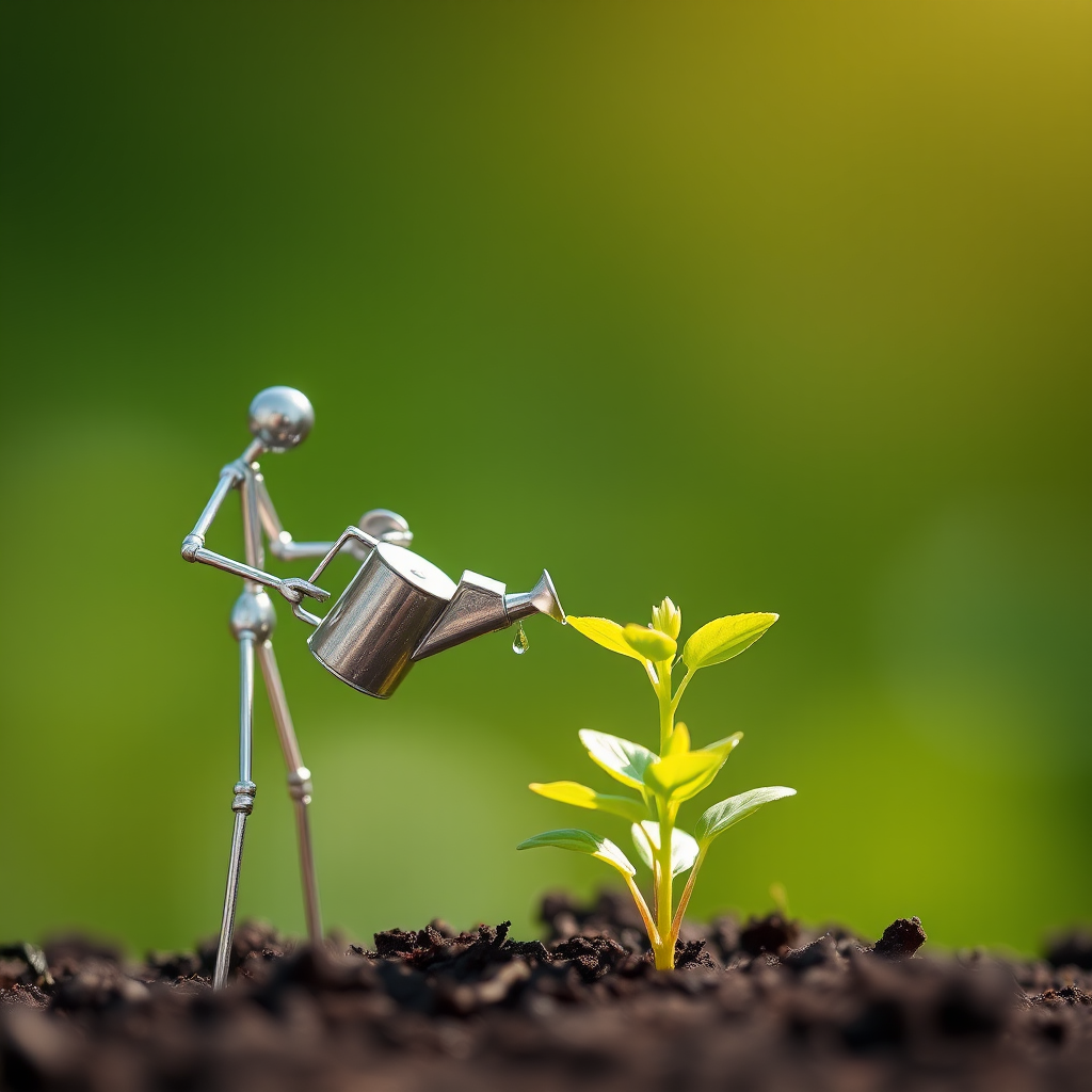 A metal figurine of a person, constructed from thin, silver rods, stands on the left side of the image, facing the viewer. The figurine is holding a small watering can and pouring water onto a young plant, with a few droplets in the air. The plant, with lush green leaves, is situated in the center, growing from dark soil. The background is a soft, out-of-focus blur of green, illuminated by warm, natural light.  The composition creates a sense of depth and intimacy. The image evokes feelings of growth, nurture, and hope.