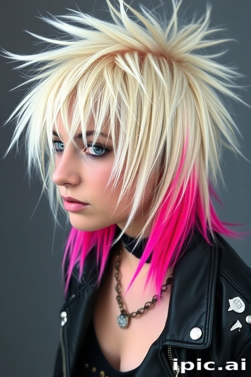 Edgy platinum blonde mullet with neon pink roots and choppy layers, styled in a tousled and textured manner for a modern punk rock vibe