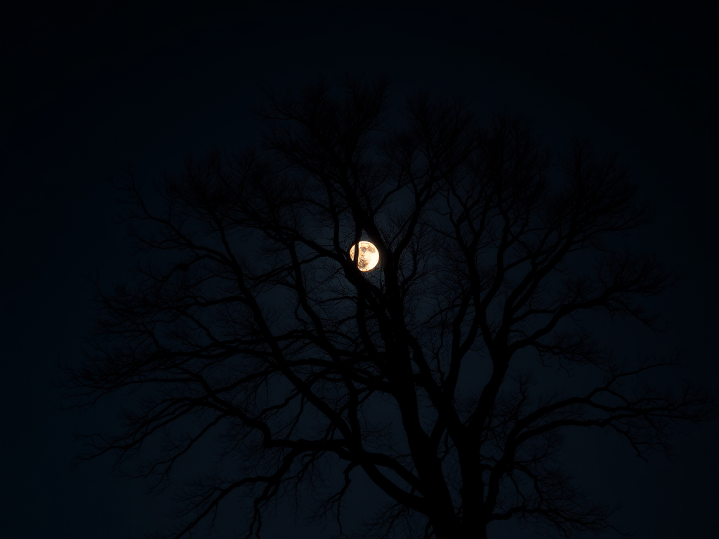 A silhouetted tree against a full moon night sky, with soft focus on moon details, ISO 200, f/8 aperture, 30 seconds exposure, wide-angle lens, shot from a low angle to emphasize tree height and moon prominence.