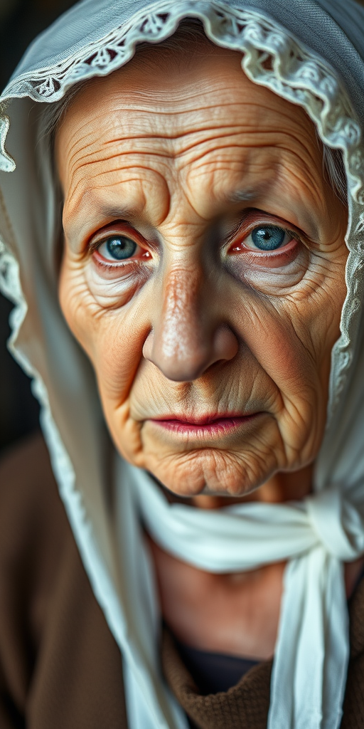 Create a high-resolution portrait of an elderly woman with a somber expression, wearing a detailed white bonnet, captured in soft natural lighting with a Canon EOS R5, 50mm lens, f/1.8 aperture, ISO 100, 1/100s shutter speed, in a close-up view with a painterly style.