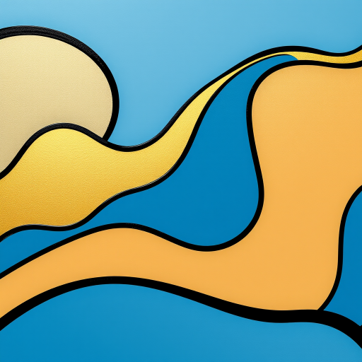 Create an abstract design featuring flowing, wavy shapes in shades of blue, gold, and taupe with bold black outlines, captured using a Canon EOS R5 with a 50mm f/1.2 lens at f/8, ISO 100, shot in natural light from an overhead angle for enhanced vibrancy and detail.