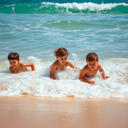 capture a lively scene of children playing in the ocean waves with splashes of water, golden sand beach in the foreground, vibrant blue sea and foamy waves, camera settings: aperture f/5.6, shutter speed 1/500s, ISO 200, camera view: wide angle, camera style: vivid colors, camera type: DSLR