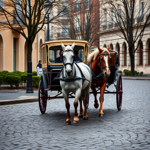 capture a horse-drawn carriage on a cobblestone street with two horses in motion, focus on the horses and carriage, use a shallow depth of field, aperture f/2.8, shutter speed 1/250 sec, ISO 200, 50mm lens, natural light with soft shadows, slightly overcast conditions, vibrant color saturation to enhance the scene